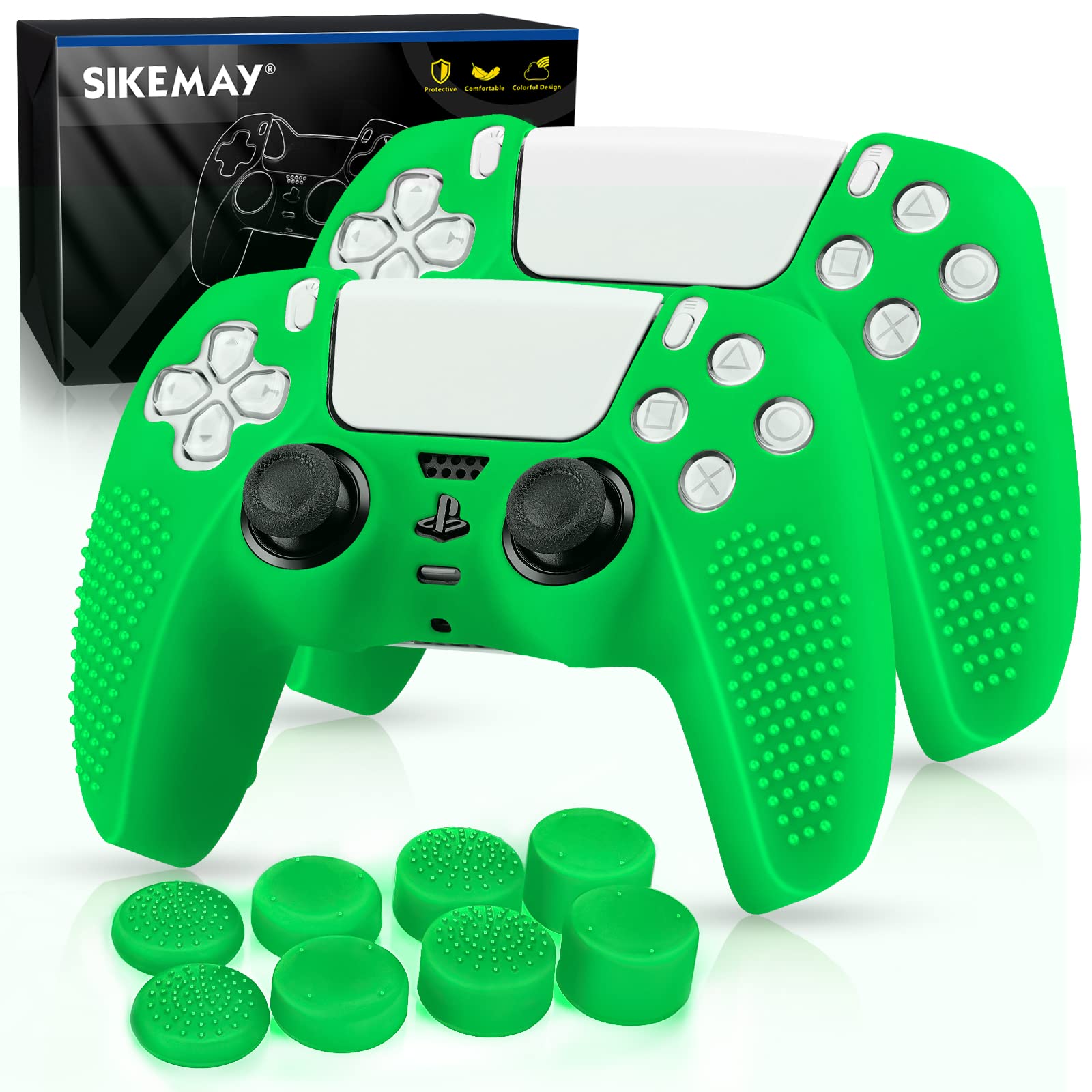 SIKEMAY [2個パック] PS5 コントローラースキン 滑り止め 厚手 シリコン 保護カバー ケース Playstation 5  Dualsense コントローラーグリップ 8 x サムグリップキャップ付き - グリーン